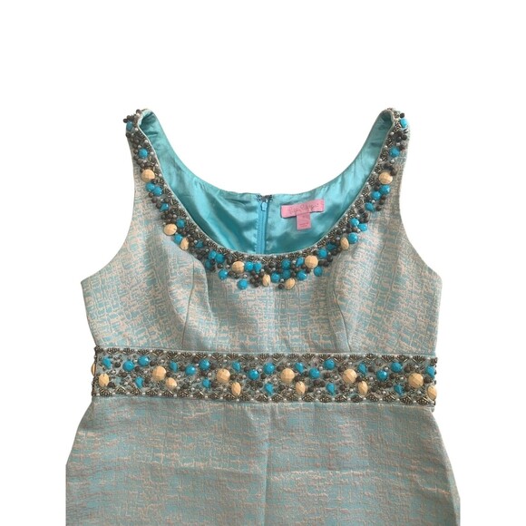Lilly Pulitzer Dress Womens Size 6 Aqua Blue Metallic Beaded Sleeveless Shift - Picture 7 of 9